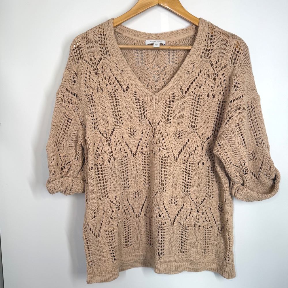Pure Jill Elements Beige Crochet Knit V-Neck Sweater Top Size S Coastal‎ Boho